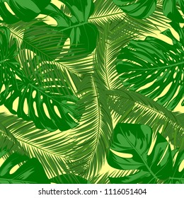 Seamless Pattern with Vector Monstera and Palm Leaves. Exotic Summer Background. Green Jungle Foliage. Tropic Seamless Pattern for Print, Paper, Fabric, Textile, Wallpaper, Wrapping, Cloth Design.
