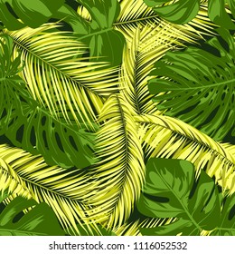 Seamless Pattern with Vector Monstera and Palm Leaves. Exotic Summer Background. Green and Yellow Jungle Foliage. Tropic Seamless Pattern for Print, Paper, Fabric, Textile, Wallpaper, Cloth Design.