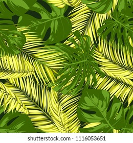 Seamless Pattern with Vector Monstera and Palm Leaves. Exotic Summer Background. Green and Yellow Jungle Foliage. Tropic Seamless Pattern for Print, Paper, Fabric, Textile, Wallpaper, Cloth Design.