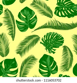 Seamless Pattern with Vector Monstera and Palm Leaves. Exotic Summer Background. Green Jungle Foliage. Tropic Seamless Pattern for Print, Paper, Fabric, Textile, Wallpaper, Wrapping, Cloth Design.