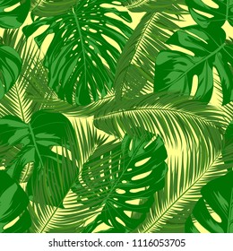 Seamless Pattern with Vector Monstera and Palm Leaves. Exotic Summer Background. Green Jungle Foliage. Tropic Seamless Pattern for Print, Paper, Fabric, Textile, Wallpaper, Wrapping, Cloth Design.