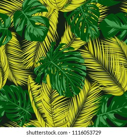 Seamless Pattern with Vector Monstera and Palm Leaves. Exotic Summer Background. Green and Yellow Jungle Foliage. Tropic Seamless Pattern for Print, Paper, Fabric, Textile, Wallpaper, Cloth Design.