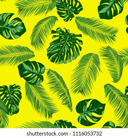 Seamless Pattern with Vector Monstera and Palm Leaves. Exotic Summer Background. Green Jungle Foliage. Tropic Seamless Pattern for Print, Paper, Fabric, Textile, Wallpaper, Wrapping, Cloth Design.