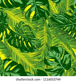 Seamless Pattern with Vector Monstera and Palm Leaves. Exotic Summer Background. Green Jungle Foliage. Tropic Seamless Pattern for Print, Paper, Fabric, Textile, Wallpaper, Wrapping, Cloth Design.