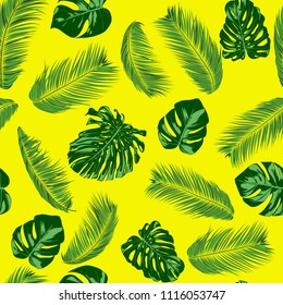 Seamless Pattern with Vector Monstera and Palm Leaves. Exotic Summer Background. Green Jungle Foliage. Tropic Seamless Pattern for Print, Paper, Fabric, Textile, Wallpaper, Wrapping, Cloth Design.
