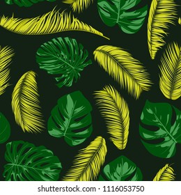 Seamless Pattern with Vector Monstera and Palm Leaves. Exotic Summer Background. Green and Yellow Jungle Foliage. Tropic Seamless Pattern for Print, Paper, Fabric, Textile, Wallpaper, Cloth Design.