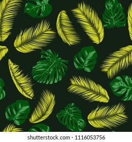 Seamless Pattern with Vector Monstera and Palm Leaves. Exotic Summer Background. Green and Yellow Jungle Foliage. Tropic Seamless Pattern for Print, Paper, Fabric, Textile, Wallpaper, Cloth Design.