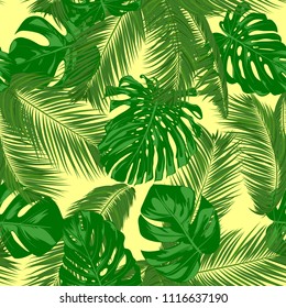 Seamless Pattern with Vector Monstera and Palm Leaves. Exotic Summer Background. Green Jungle Foliage. Tropic Seamless Pattern for Print, Paper, Fabric, Textile, Wallpaper, Wrapping, Cloth Design.