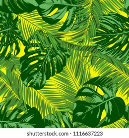 Seamless Pattern with Vector Monstera and Palm Leaves. Exotic Summer Background. Green Jungle Foliage. Tropic Seamless Pattern for Print, Paper, Fabric, Textile, Wallpaper, Wrapping, Cloth Design.