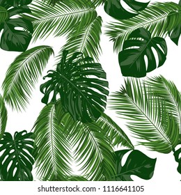 Seamless Pattern with Vector Monstera and Palm Leaves. Exotic Summer Background. Green Jungle Foliage. Tropical Seamless Pattern for Print, Paper, Fabric, Textile, Wallpaper, Wrapping, Cloth Design.