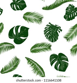 Seamless Pattern with Vector Monstera and Palm Leaves. Exotic Summer Background. Green Jungle Foliage. Tropical Seamless Pattern for Print, Paper, Fabric, Textile, Wallpaper, Wrapping, Cloth Design.