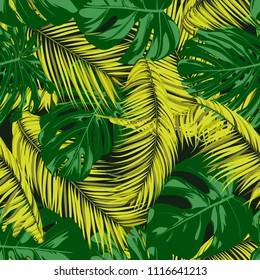 Seamless Pattern with Vector Monstera and Palm Leaves. Exotic Summer Background. Green and Yellow Jungle Foliage. Tropic Seamless Pattern for Print, Paper, Fabric, Textile, Wallpaper, Cloth Design.
