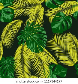 Seamless Pattern with Vector Monstera and Palm Leaves. Exotic Summer Background. Green and Yellow Jungle Foliage. Tropic Seamless Pattern for Print, Paper, Fabric, Textile, Wallpaper, Cloth Design.