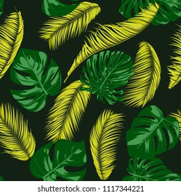 Seamless Pattern with Vector Monstera and Palm Leaves. Exotic Summer Background. Green and Yellow Jungle Foliage. Tropic Seamless Pattern for Print, Paper, Fabric, Textile, Wallpaper, Cloth Design.