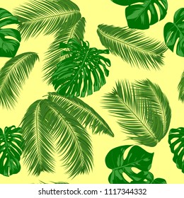 Seamless Pattern with Vector Monstera and Palm Leaves. Exotic Summer Background. Green Jungle Foliage. Tropic Seamless Pattern for Print, Paper, Fabric, Textile, Wallpaper, Wrapping, Cloth Design.