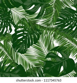 Seamless Pattern with Vector Monstera and Palm Leaves. Exotic Summer Background. Green Jungle Foliage. Tropical Seamless Pattern for Print, Paper, Fabric, Textile, Wallpaper, Wrapping, Cloth Design.
