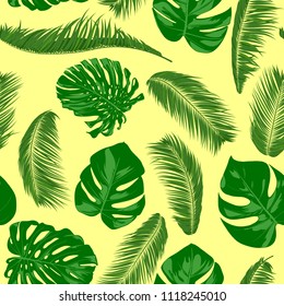 Seamless Pattern with Vector Monstera and Palm Leaves. Exotic Summer Background. Green Jungle Foliage. Tropic Seamless Pattern for Print, Paper, Fabric, Textile, Wallpaper, Wrapping, Cloth Design.