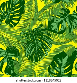 Seamless Pattern with Vector Monstera and Palm Leaves. Exotic Summer Background. Green Jungle Foliage. Tropic Seamless Pattern for Print, Paper, Fabric, Textile, Wallpaper, Wrapping, Cloth Design.