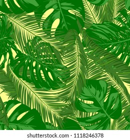 Seamless Pattern with Vector Monstera and Palm Leaves. Exotic Summer Background. Green Jungle Foliage. Tropic Seamless Pattern for Print, Paper, Fabric, Textile, Wallpaper, Wrapping, Cloth Design.