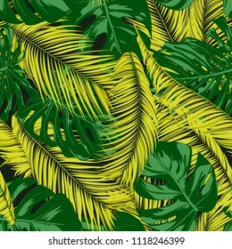 Seamless Pattern with Vector Monstera and Palm Leaves. Exotic Summer Background. Green and Yellow Jungle Foliage. Tropic Seamless Pattern for Print, Paper, Fabric, Textile, Wallpaper, Cloth Design.