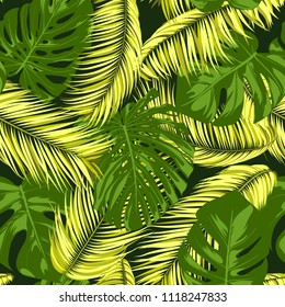 Seamless Pattern with Vector Monstera and Palm Leaves. Exotic Summer Background. Green and Yellow Jungle Foliage. Tropic Seamless Pattern for Print, Paper, Fabric, Textile, Wallpaper, Cloth Design.