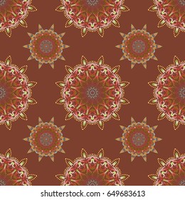 Seamless pattern of vector multicolored elements on a brown background.