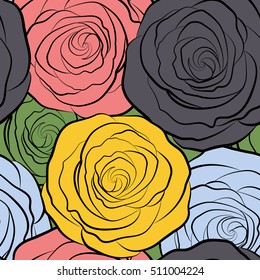 Seamless pattern with vector multicolored rose flowers.