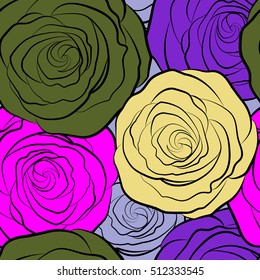 Seamless pattern with vector multicolored rose flowers.