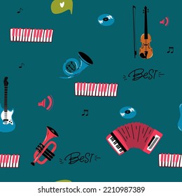 seamless pattern Vector music pattern with Musical instruments . Hand drawn background. Great for textiles, wrapping paper, wallpapers.