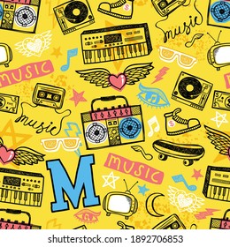 Seamless pattern vector of musical instruments with musical symbol, television, skateboard and shoe in hand drawn style