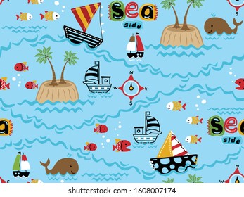 seamless pattern vector of nautical element cartoon with boat