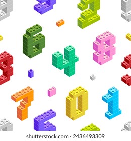 Seamless pattern of vector numbers, figures made from construction blocks