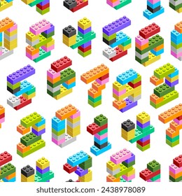 Seamless pattern of vector numbers, figures made from construction blocks