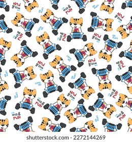Seamless pattern vector of off road car with animal driver. Creative vector childish background for fabric textile, nursery background, baby clothes, poster, wrapping paper and other decoration.