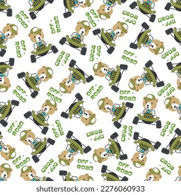 Seamless pattern vector of off road car with animal driver. Creative vector childish background for fabric textile, nursery background, baby clothes, poster, wrapping paper and other decoration.