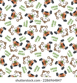 Seamless pattern vector of off road car with animal driver. Creative vector childish background for fabric textile, nursery background, baby clothes, poster, wrapping paper and other decoration.