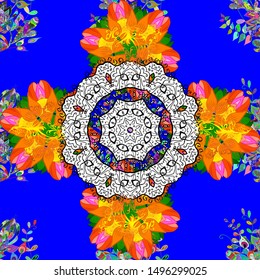 Seamless pattern with vector on a orange, blue and white colors. For Merry Christmas, Happy New Year products. For wrap, wallpapers, backgrounds and scrapbooks.