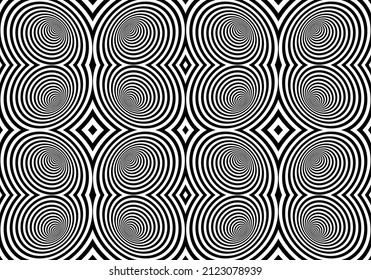 Seamless pattern of vector optical art illusion of striped geometric black and white abstract line surface flowing like a hypnotic wormhole tunnel. Optical illusion style design.