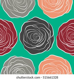 Seamless pattern with vector orange, red and gray rose flowers.