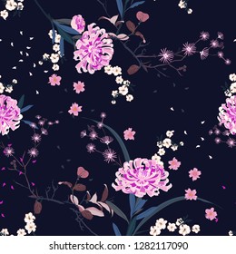 Seamless pattern vector Oriental garden flower with blooming botanical and cherry bloosom florals  design for fashion ,fabric,wallpaper, and all prints on navy blue  background color