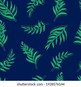 seamless pattern vector palm tree leaves green leaves and contours on background. For textiles, packaging, fabrics, wallpapers, backgrounds, invitations. Summer tropics