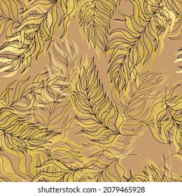 seamless pattern vector palm tree leaves gold leaves and contours on background. For textiles, packaging, fabrics, wallpapers, backgrounds, invitations. Summer tropics