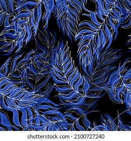 seamless pattern vector palm tree leaves gold leaves and contours on background. For textiles, packaging, fabrics, wallpapers, backgrounds, invitations. Summer tropics