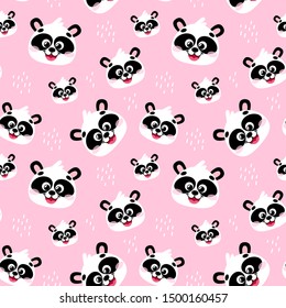 Seamless pattern сartoon vector panda in hand drawn style. Texture black and white bear, animal for children's and kids books, print, poster, stickers, fabric, wrapping paper.