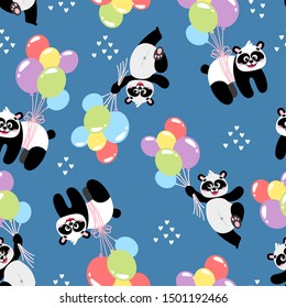 Seamless pattern сartoon vector panda in hand drawn style. Texture black and white bear, animal for children's and kids books, print, poster, stickers, fabric, wrapping paper.
