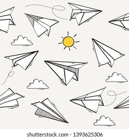Seamless pattern with vector paper airplane