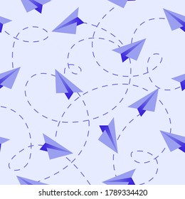 Seamless pattern with vector paper airplane. Travel, route symbol. Vector illustration of background with hand drawn paper plane. Outline. Hand drawn doodle airplane. 