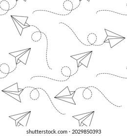 Seamless pattern with vector paper airplane. Travel, route symbol. Vector illustration of background with hand drawn paper plane.