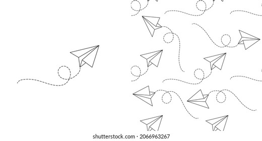 Seamless pattern with vector paper airplane. Travel, route symbol. Vector illustration of background with hand drawn paper plane. 