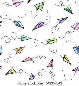 Seamless pattern with vector paper airplane. Travel, route symbol. Vector illustration of  background with hand drawn paper plane. Outline. Hand drawn doodle airplane. Black linear paper plane icon.